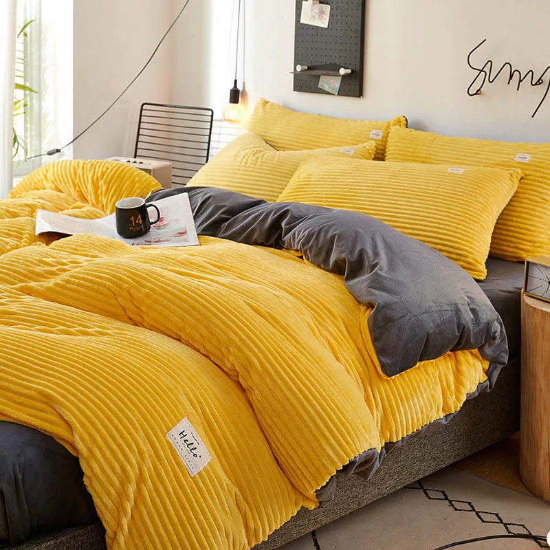 Quilt-Cover Bedding-Set Thicken Bedroom Velvet Solid for Coral Keep-Warm