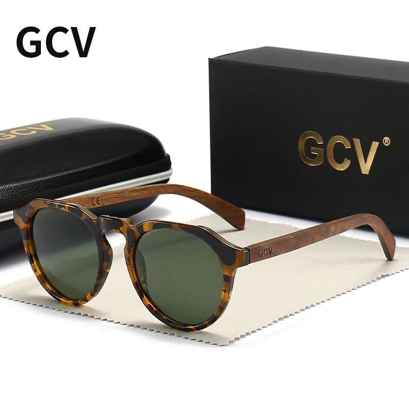 GCV Brand Advanced Walnut Wood Hawksbill Leopard Grain Frames Ultralight Sunglasses Men Women Female Polarized  Delicate Fashion