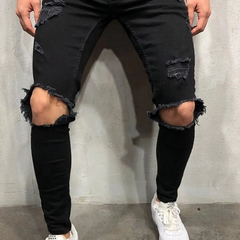 OEAK Men's Fashion Slim Fit Ripped Stretchy Knee Holes Skinny Jeans Ripped jeans zipper youth slim stretch pants