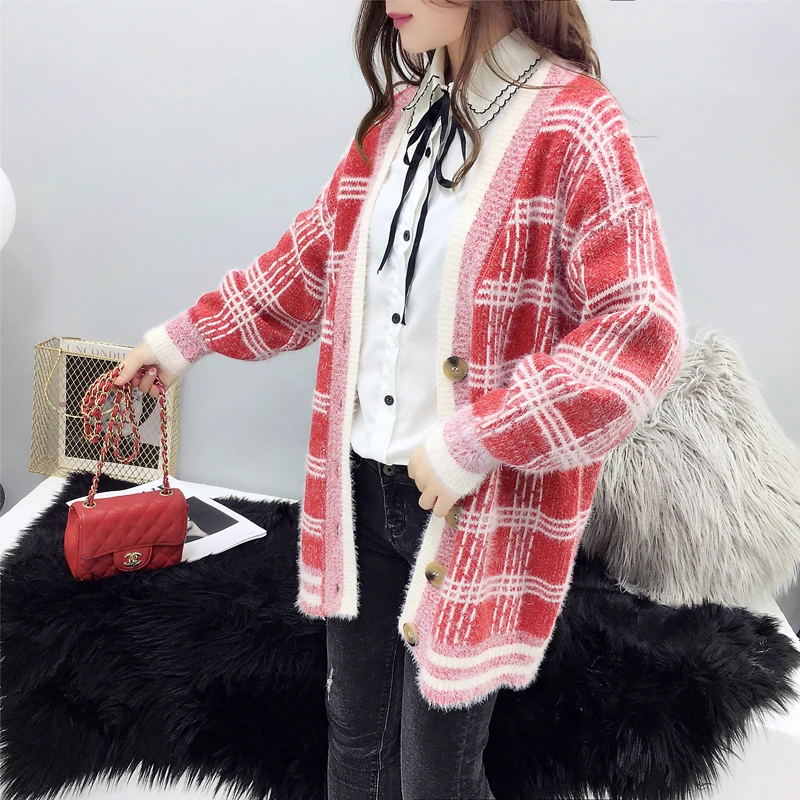 Женский зимний Кардиган свитер вязаная Корейская версия трикотажная куртка гиппокампус шерстяная клетчатая длинная осенняя одежда свободная