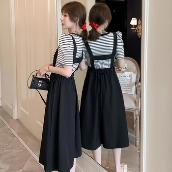 

6895# Striped Nursing Tees Tops + Slip Bib Skirts Suit Clothes for Pregnant Women Summer Maternity Breastfeeding Slim Pregnancy