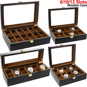 

6/10/12 Slots Wooden Watch Case Glass Top Wooden Watches Display Storage Collector Jewelry Organizer Wrist Watch Holder Box D40