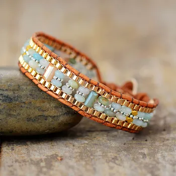 

Unique Leather Wrap Bracelets W/ Amazonite Crystal Beads Cuff Bracelet Bohemian Punk Jewelry Dropshipping