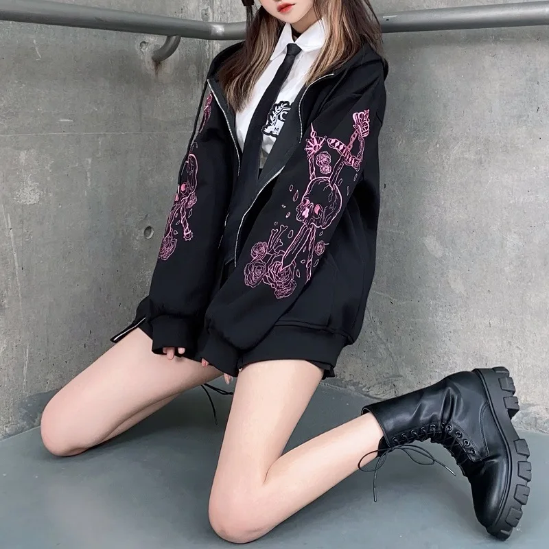 2021 Newest Korean Women's Printed Zipper Ribbon Oversized Hoodie Sweatshirts Retro Black Jacket Sweatshirt Streetwear