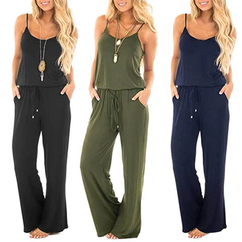 

Women Solid Color Sleeveless Loose Jumpsuit with Pockets for Summer Beach Party H9