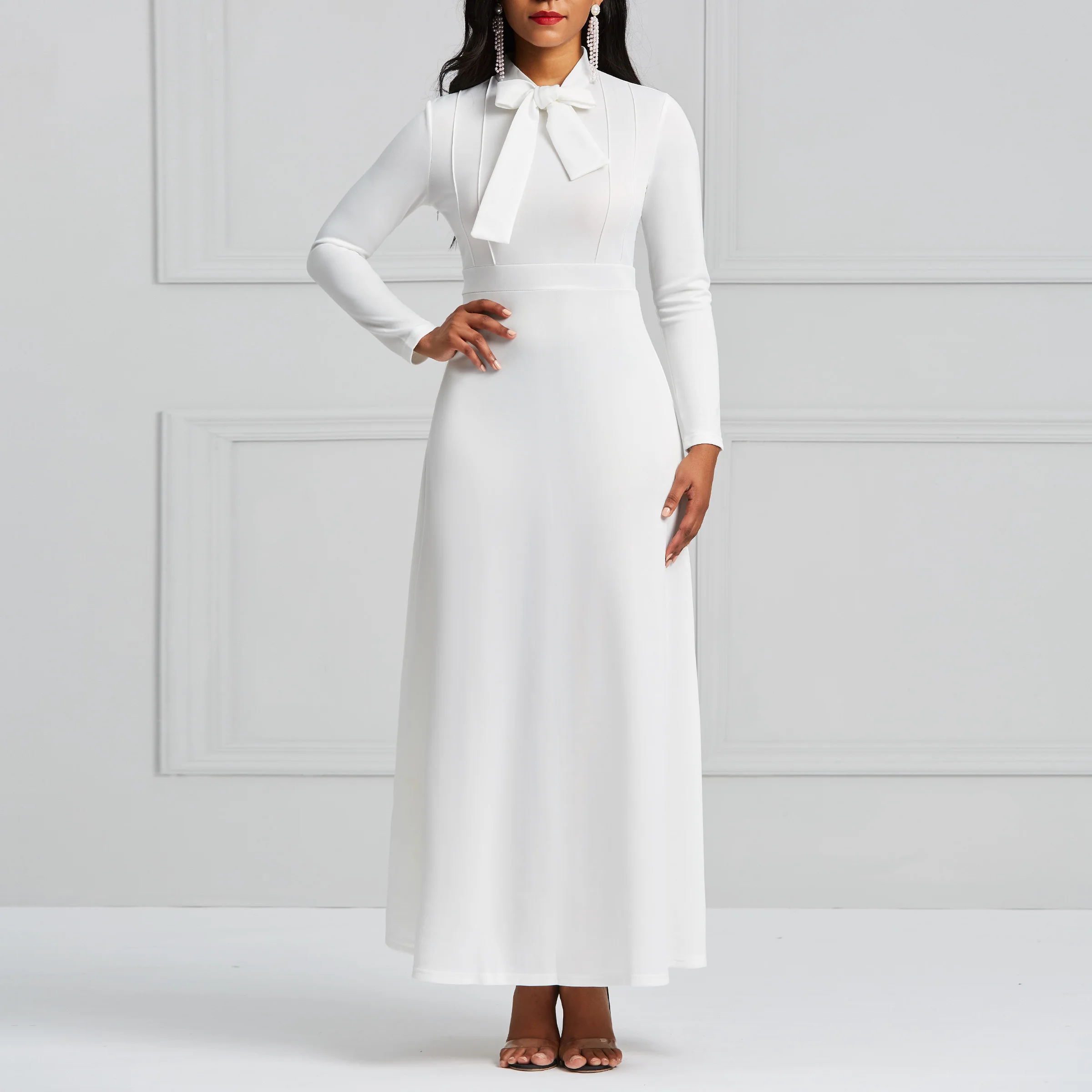 

White Women Dress Long Fall Winter Bowknot Solid Minimalist Office Ladies Long Sleeve Evening Formal Party Elegant Maxi Dresses