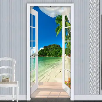 

3D Sticker Window Beach Seaside Photo Mural Wallpaper PVC Self Adhesive Door Sticker Living Room Bedroom Wall Papers Home Decor