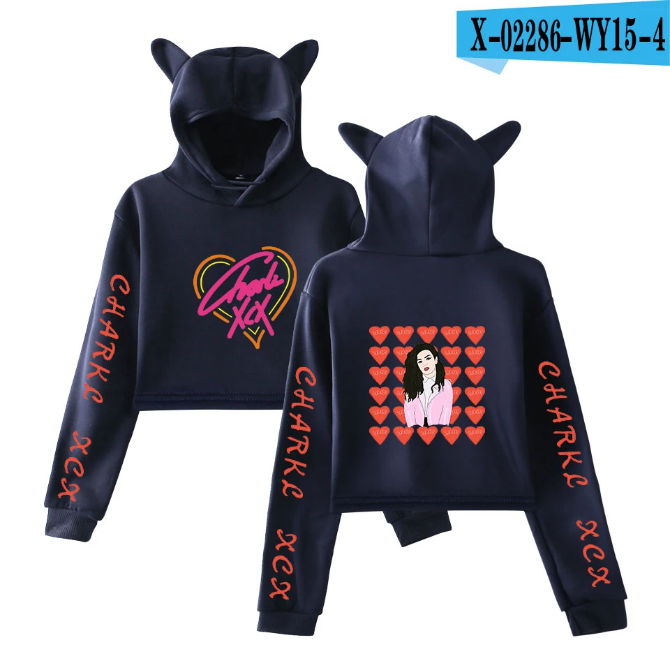As picture Популярные Charli XCX кошачьи уши удобные толстовки с капюшоном для женщин поп укороченный топ толстовки худи для женщин девочек повседневные Черные Пуловеры Толстовка - Цвет: As picture