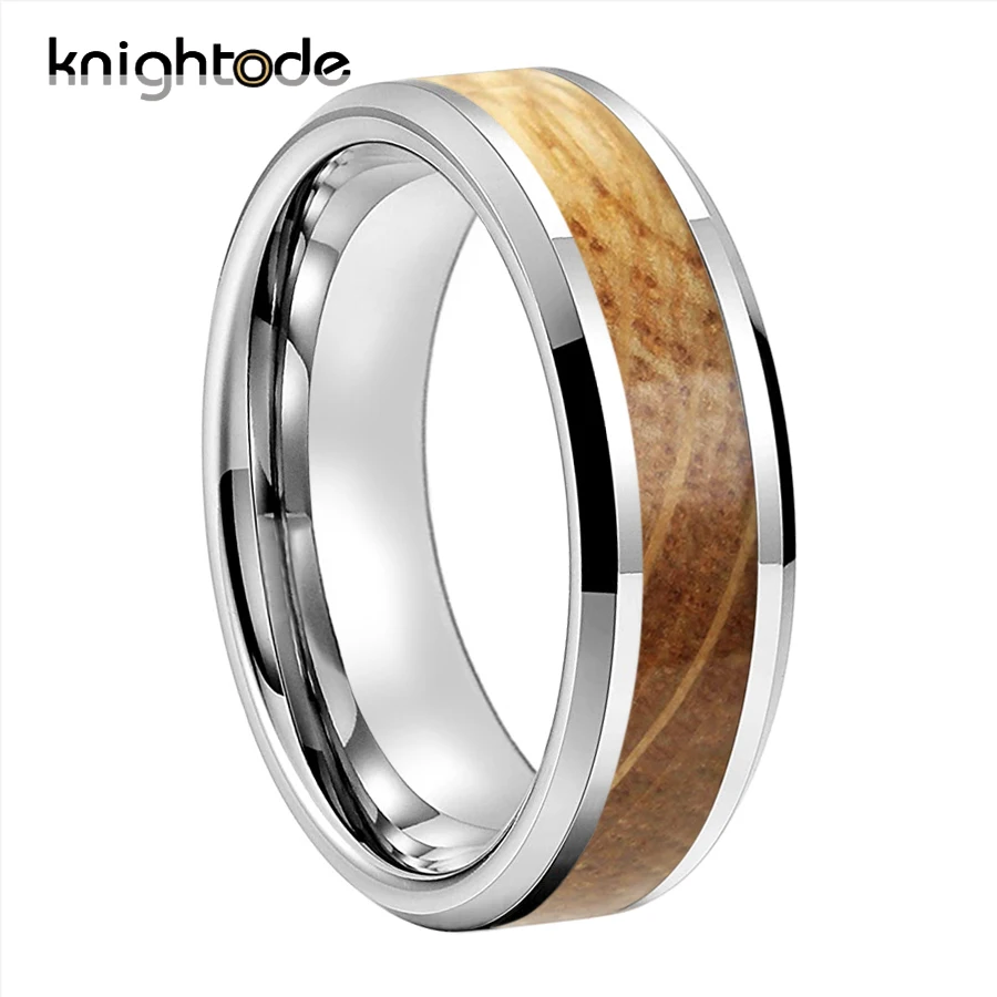 6mm 8mm Tungsten Carbide Rings Whiskey Barrel Oak Wood inlay for Men Women Engagement Wedding Bands Beveled Edges Polished