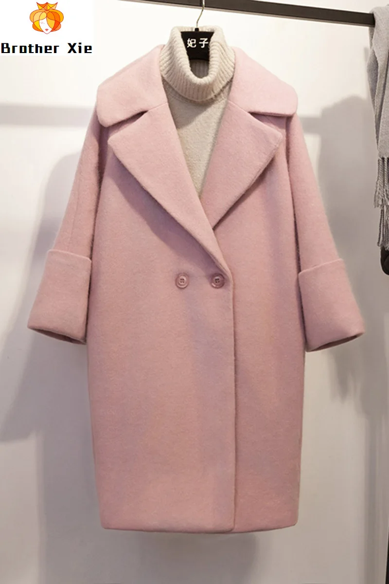 

New Korean Loose Overcoat Long-style Student Wool Overcoat Turn-down Collar Double Breasted Regular Pink Woolen Overcoat