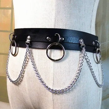 

Newly Women Faux Leather Belt With Metal Chain Punk Belts Street Dance Party Waist Ornament FIF66