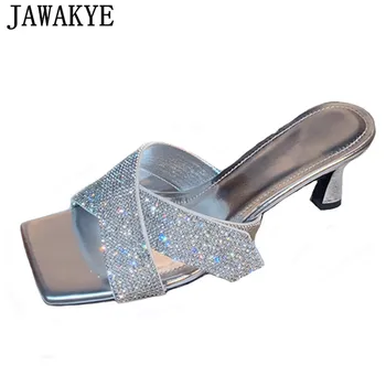 

Silver Crystal High Heel Women Slippers Runway Designer Rhinestone Summer Sandals Blingbling Real Leather Open Toe Dress Mules