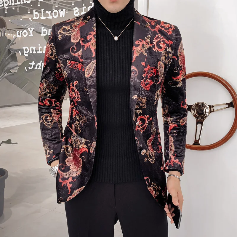 

Luxury Royal Paisley Floral 2 Button Wedding Party Prom Blazer Flower Men Pattern Velvet Suit Jacket Business Causal