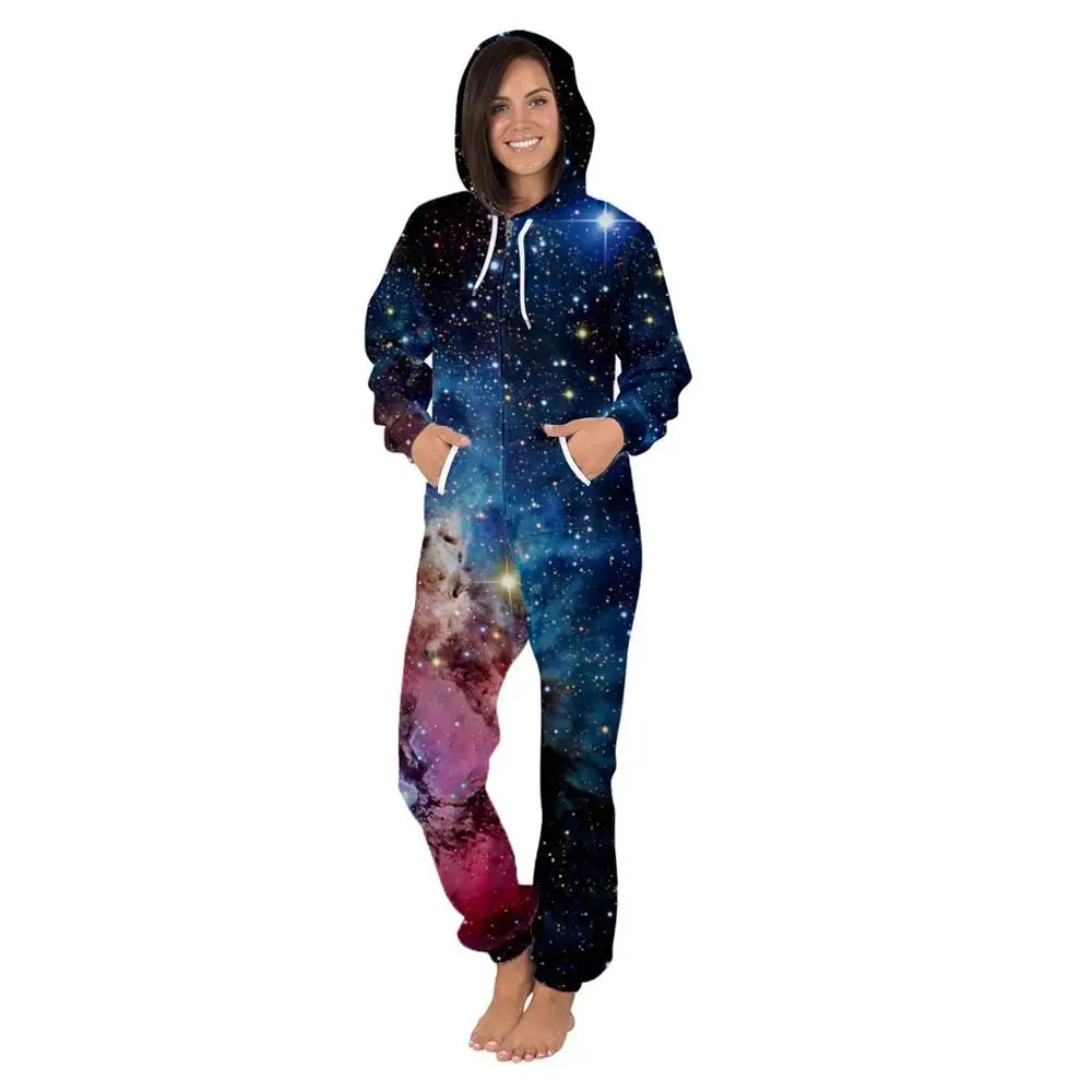 women 3d print jumpsuit adult onesie romper casual playsuit hooded pullover overalls long sleeve pajama plus size outfits Women's Galaxry Sleepwear Jumpsuit Clothing Unisex Adult Printed Hoodied Onesie Romper Couples Plus Size Long Sleeve Overalls