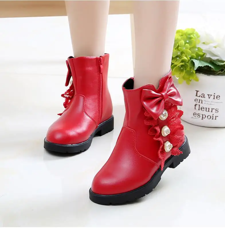 Зимние сапоги для девочек Новая модная детская обувь принцессы плюшевые сапоги до середины икры для больших девочек, зимние сапоги детская кожаная обувь красный, розовый