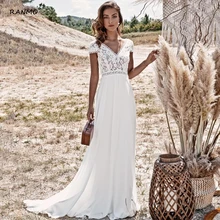 

Vintage Lace Boho Bohemian Wedding Dress Sheath Simple Beach Bridal Gown Sweep Train Chiffon Bride Dresses