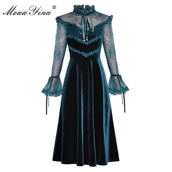 

MoaaYina Fashion Designer Runway dress Spring Summer Women's Dress Lace Long sleeve Patchwork Velvet Dresses