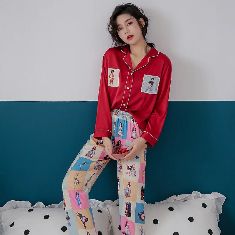 

Korean-style New Style Long Sleeve Imitated Silk Pajamas High Quality Silk Set WOMEN'S Cardigan Fold-down Collar Sweet Home Wear