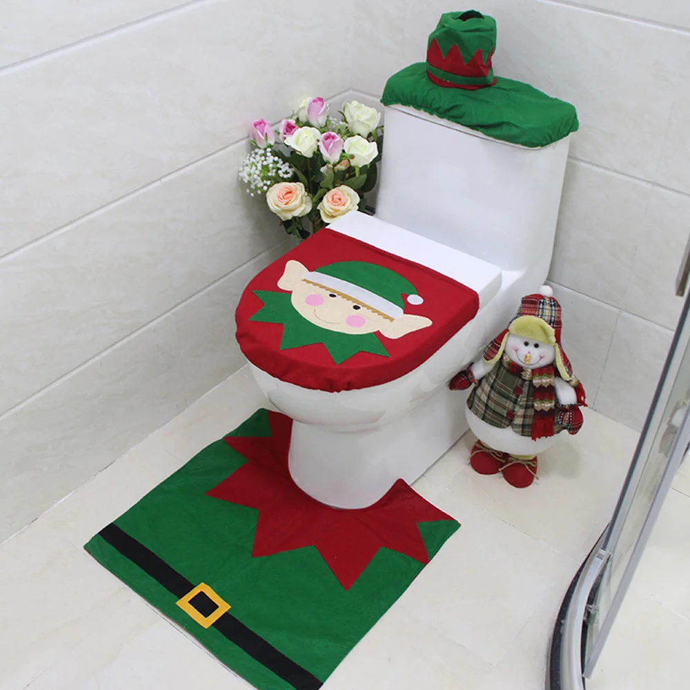 

Christmas Bathroom Set Santa Claus Toilet Seat Cover Floor Mat Holiday Ornaments