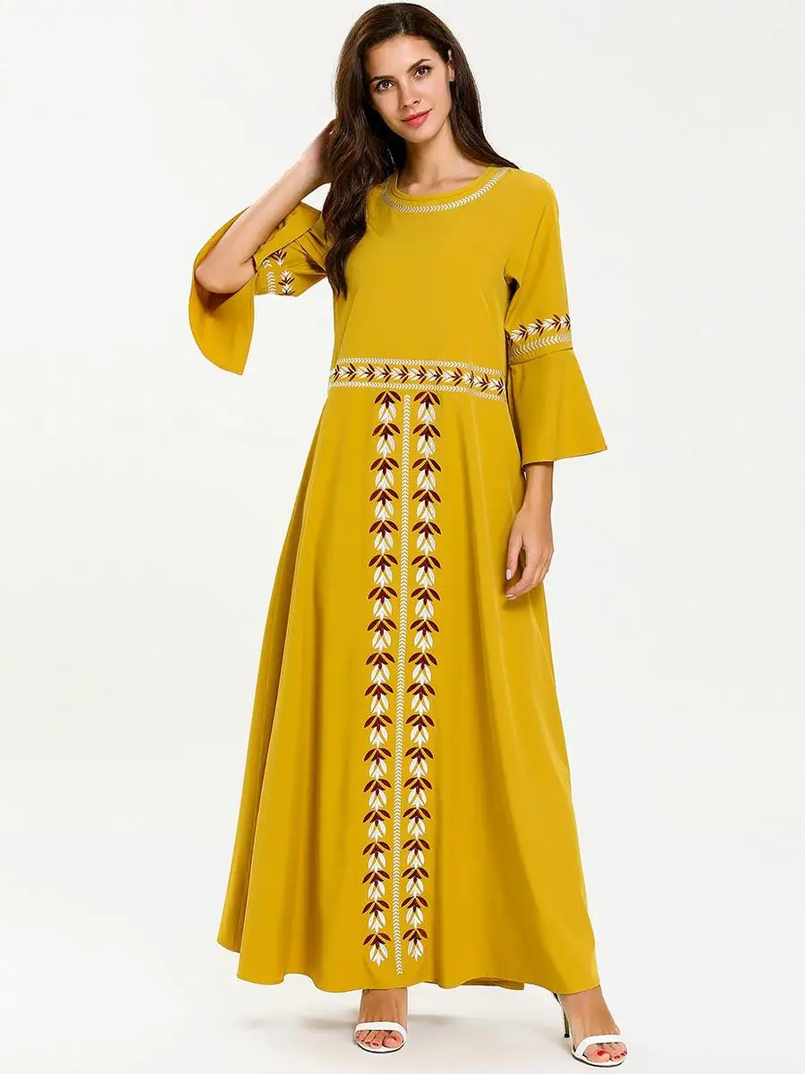 Модное женское длинное платье abaya с вышивкой, мусульманское платье-кафтан, исламское коктейльное платье, платье с рукавом 3/4, желтое платье с круглым вырезом, Новинка