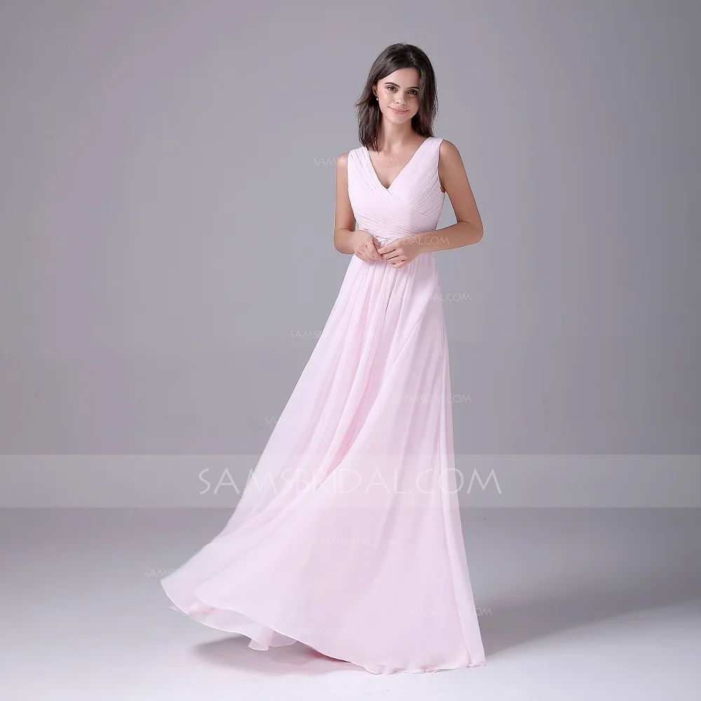 A-Line v-образным вырезом длиной до пола шифоновое платье с рюшами платья подружек невесты для свадебной вечеринки