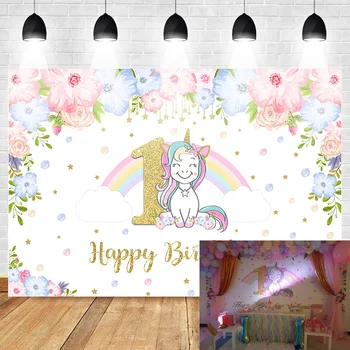 

Unicorn Themed 1st Birthday Party Photo Background Rainbow Glitter Stars Flower Photography Backdrops Cake Table Banner