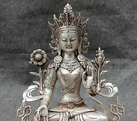 320 12" Tibet Silver Buddhism Protect 7 Eye White Tara Goddess Buddha Statue Joss