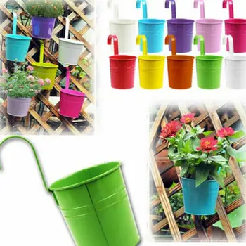 

1/10Pcs Wall Fence Bonsai Flower Tub Pots Removable Hook Candy Color Iron Bucket Tin Garden Balcony Hanging Succulent Basket