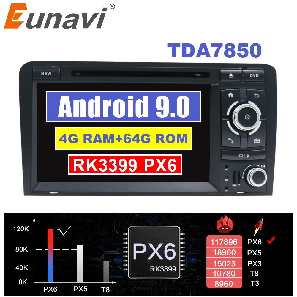 Eunavi 2 din TDA7850 Android 9,0, 4 ГБ, 64 ГБ, автомобильный DVD gps мультимедийное радио для Audi A3 8P 2003-2012 S3 2006-2012 RS3 Sportback 2011