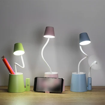 

1200mAh Touch Switch LED Table Lamp Brush Pot Phone Holder Base Schemerlamp Dimmer Study USB Flexible Desk Lamps with Power Bank