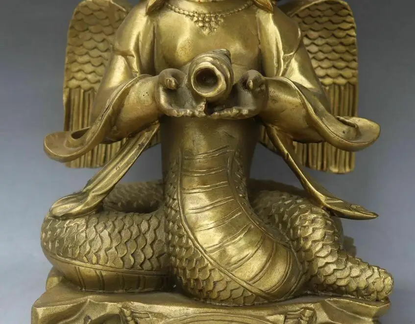 8" Old Chinese Bronze 5-Heads Snake Naga Kanya Tara Buddha Hold Shell Statue