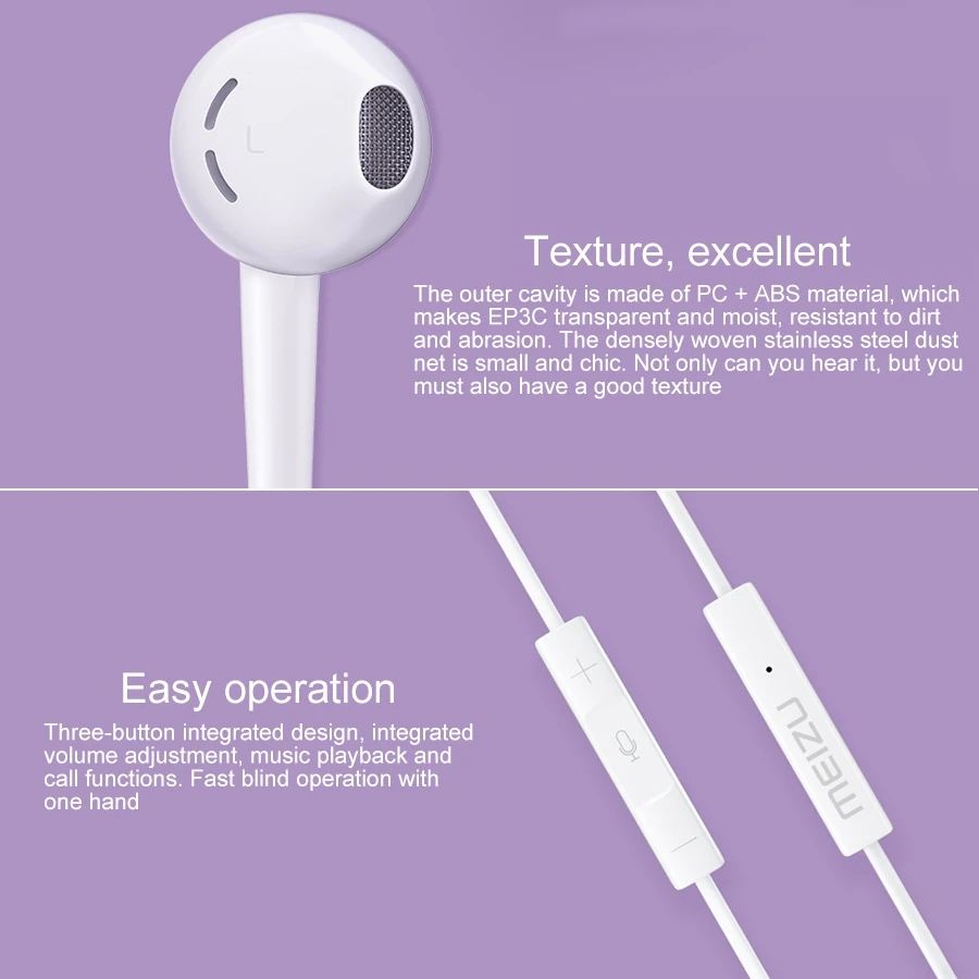 MEIZU EP3C USB C Type C Jack In ear Wired Control Earphone Support Calls Cable Length 1 2m White 