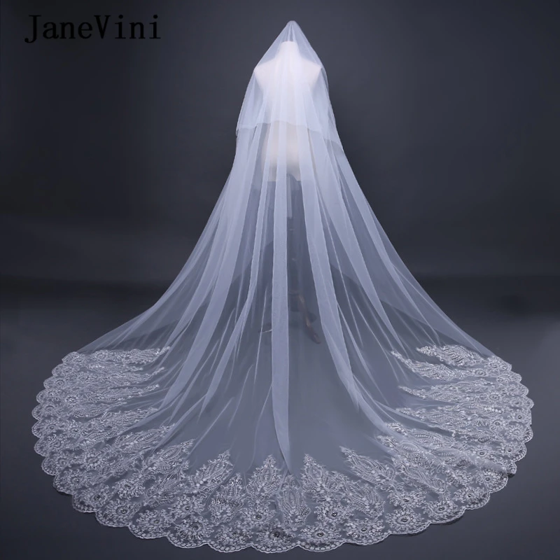 

JaneVini 2020 Luxury 3.8M Long Ivory/White Two Layer Wedding Veils Lace Appliques Edge Beaded Soft Tulle Bridal Hair Accessories