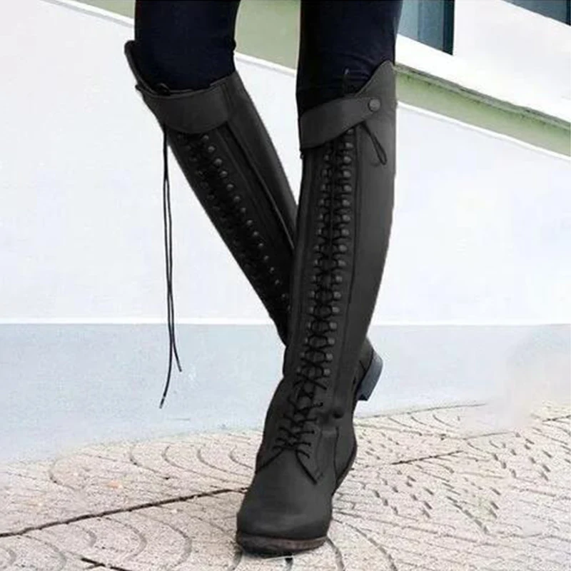 Женские сапоги до колена в стиле ретро сапоги для верховой езды из высококачественной искусственной кожи на платформе со шнуровкой Женская обувь на низком квадратном каблуке на молнии размера плюс - Цвет: Черный