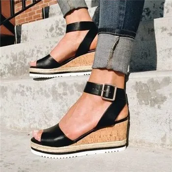 

2020 Retro Womens Fashion Open Toe Ankle Platform Wedges Shoes Ladies Roman Sandals Buty Damskie Wedges Shoes Mujer 35-43