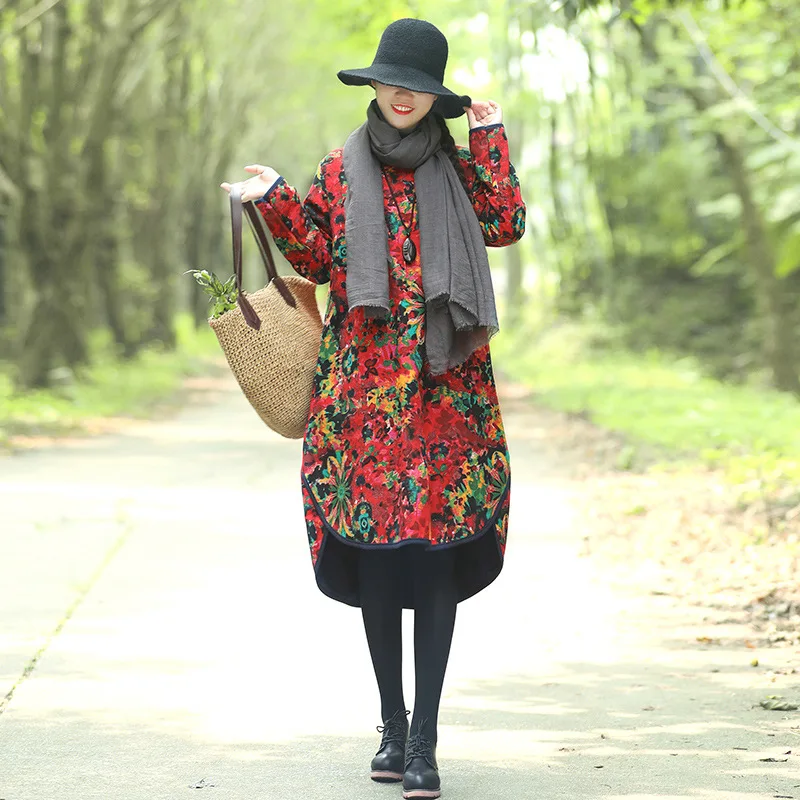 

2019 Autumn And Winter New Style Retro Chinese-style plus Velvet Thick Cotton Thick Pattern Print Mid-length High Collar Long-sl