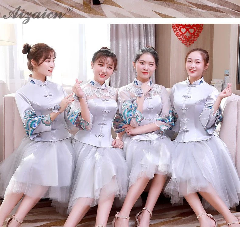 Китайское традиционное платье Cheongsam голубое платье подружки невесты Qi Pao женское платье в восточном стиле Пряжа платья Qipao Акция короткая юбка