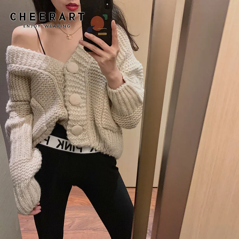 

CHEERART Knitted Cardigan Women Sweater Button Up Cardigan Top Kardigan Shaggy Cardigan Coat Femme 2019 Winter
