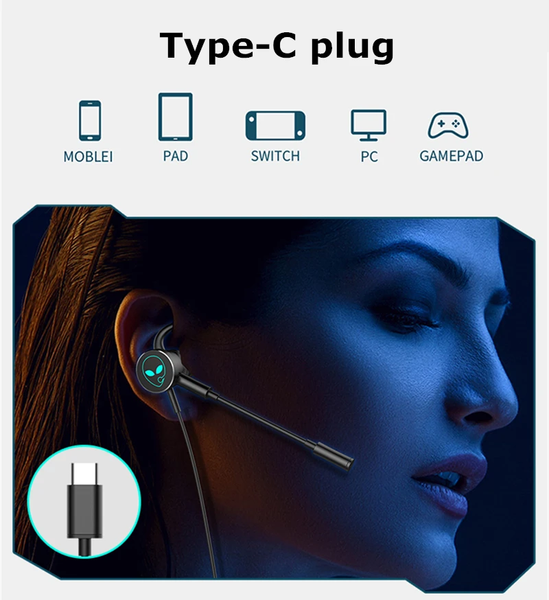 Professional gaming headset RGB breathing light Type C HIFI In Ear Earphone Monitor Headphones Wired Sport Mobile game Earbuds