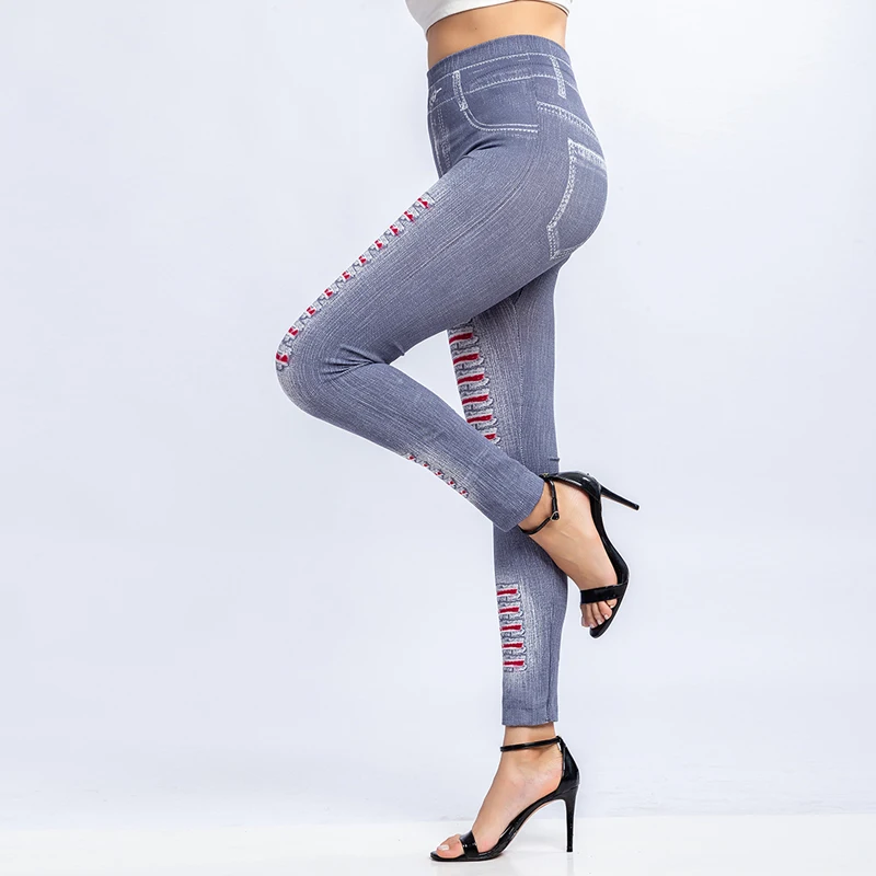 

2019 Women Leggings Striped Print Leggings Faux Denim Jeans Slim Fitness Elastic Seamless Leggings High Waist Woman Pencil Pants