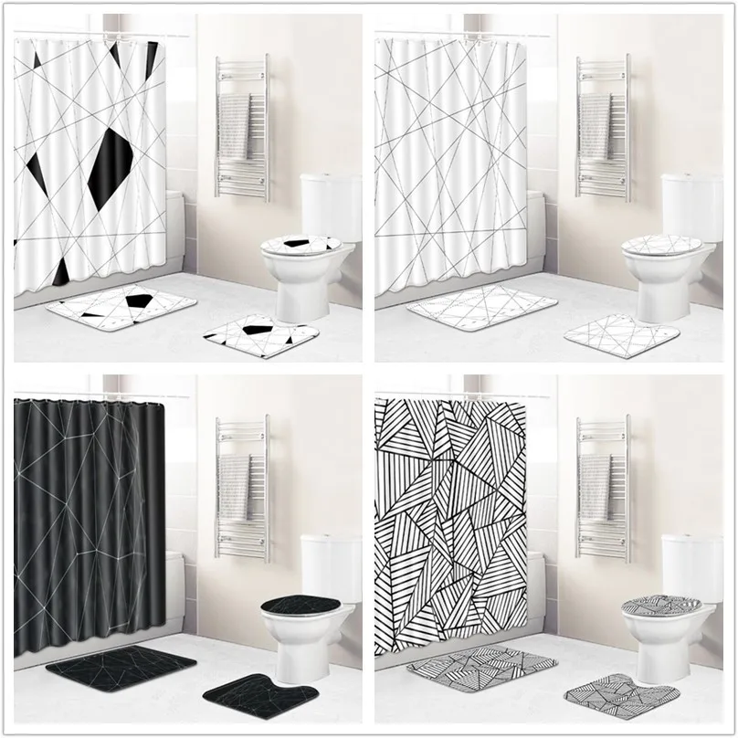 Abstract Stripes Geometric Bathroom Shower Curtain Waterproof 4 Pieces Pedestal Rug Lid Bath Carpet Toilet Cover Bath Mat Set Abstract Stripes Geometric Bathroom Shower Curtain Waterproof 4 Pieces Pedestal Rug Lid Bath Carpet Toilet Cover Bath Mat Set