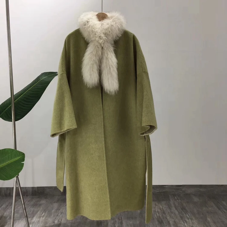 Кашемировое шерстяное пальто из лисьего меха для зимы женская меховая куртка с воротником из лисьего меха свободный размер Осенняя верхняя одежда шерстяное пальто размера плюс - Цвет: green