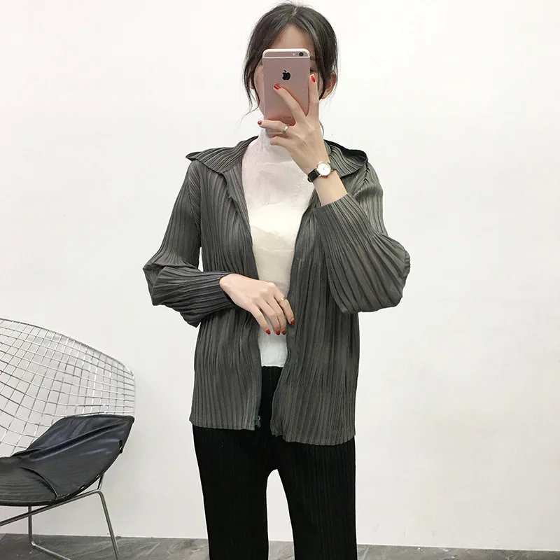 

Jacket Women Plus Size 2019 Autumn Winter Stretch Miyake Pleated Solid Color Loose Long Sleeves Zipper Hooded Jackets