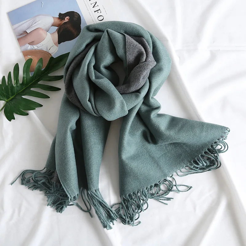 Корейский стиль осень зима утолщение два цвета имитация кашемировый шарф кисточкой теплый шарф двойного назначения дикий женский платок - Цвет: 19