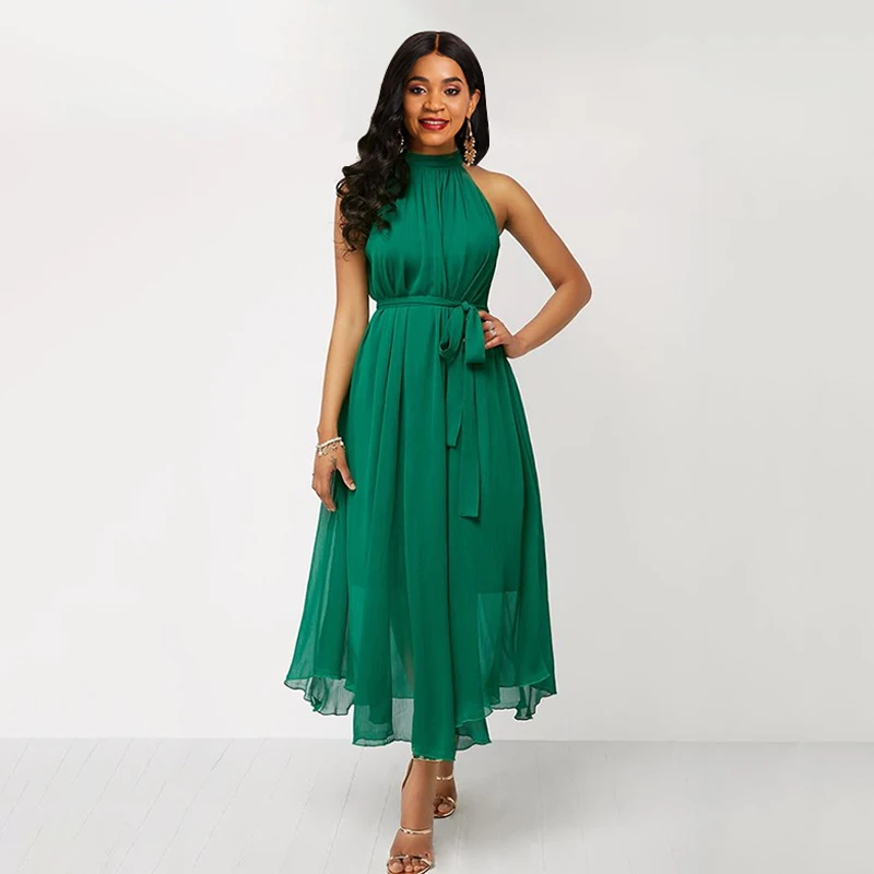 Comprar Sisjuly Chiffon vestido de verano mujeres Halter Sexy señoras fiesta negro de hombro elegante playa encaje Up verde Midi vestidos femeninos