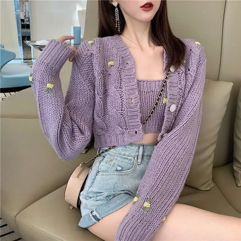 2019 Autumn Solid Knitted Cardigan Casual Lantern Sleeve Two Pieces Sweaters Single-Breasted Short Sweater Jacket |