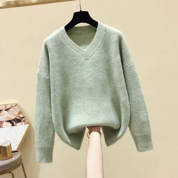 

v-neck solid knitted women sweaters and pullovers flare sleeved thicken warm lady elegant pullovers outwear coats tops