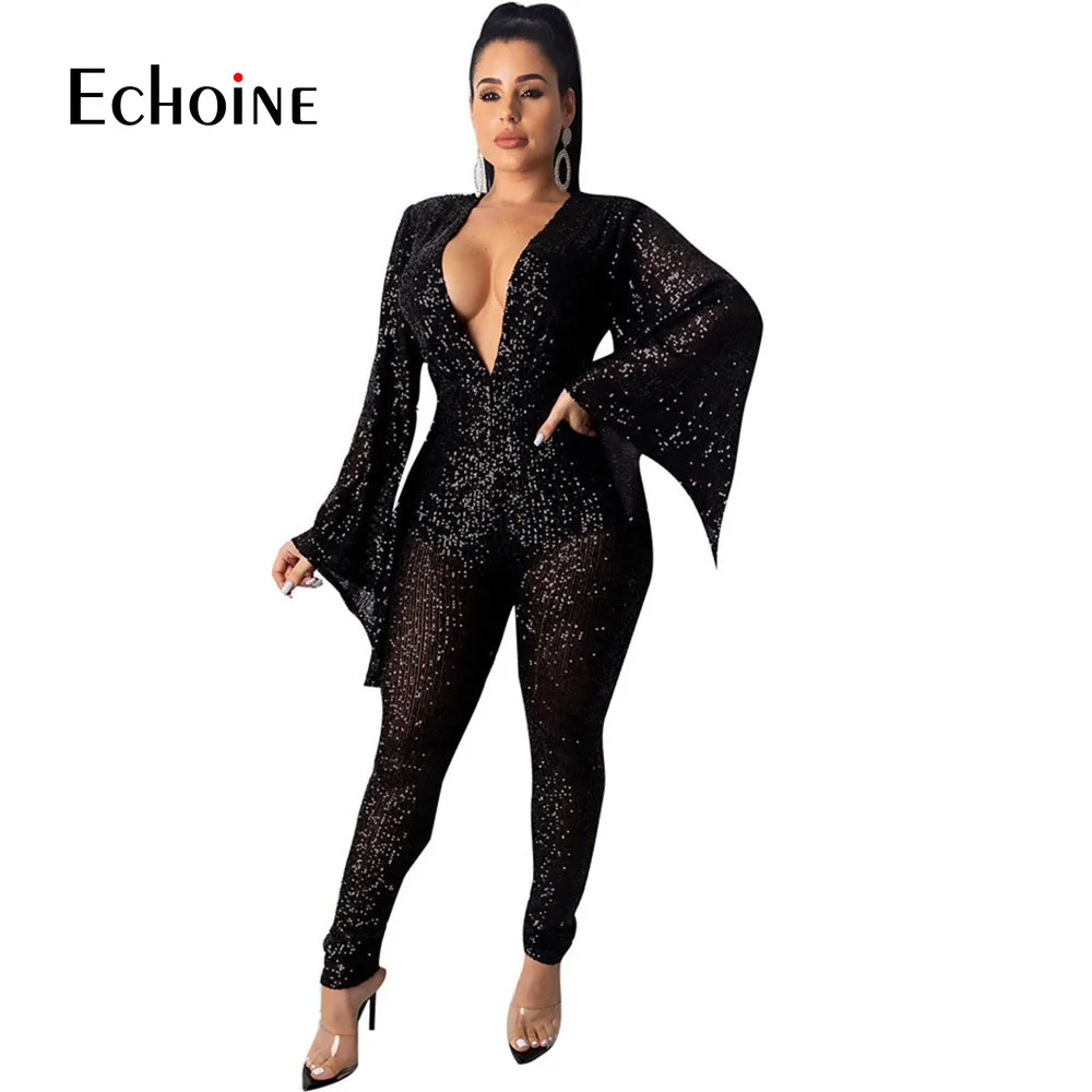 Женский сетчатый комбинезон с блестками черный блестящий v-образным вырезом и