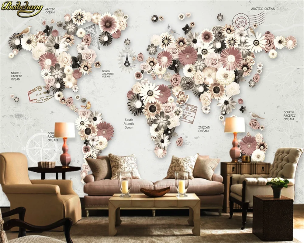 

beibehang Custom 3d wallpaper mural flowers flowers world map tv background wall home decoration papel de parede wall paper