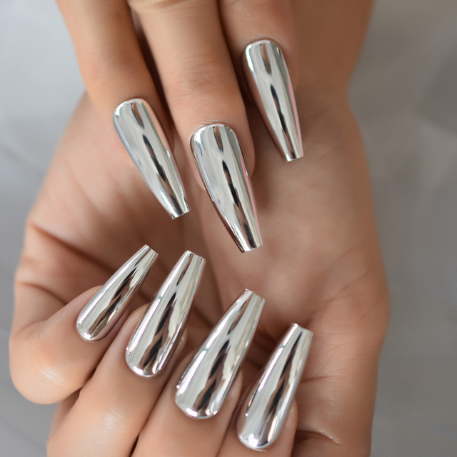 Punk Rock Style Metallic Pastel Purple Fake False Nails Metal Plating Acrylic Short Mirror Press on Nail Art Tips